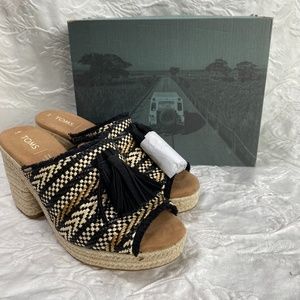 TOMS Black & Natural Woven Tassel Wedge Sandals